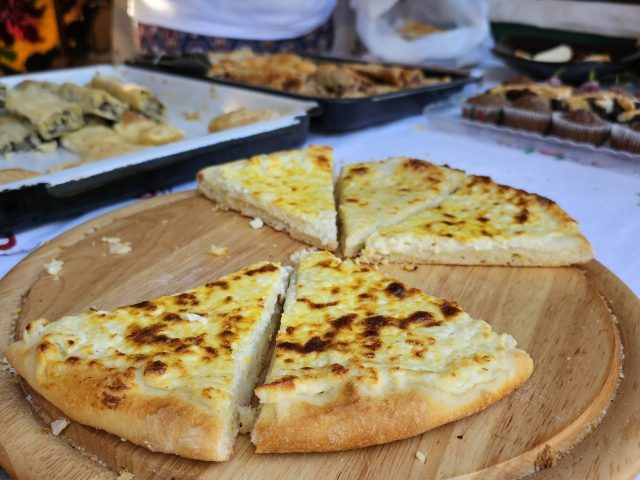 Freshly baked cheese flatbread.