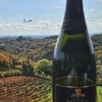 Bottle of Plešivica sparkling wine overlooking autumn vineyards