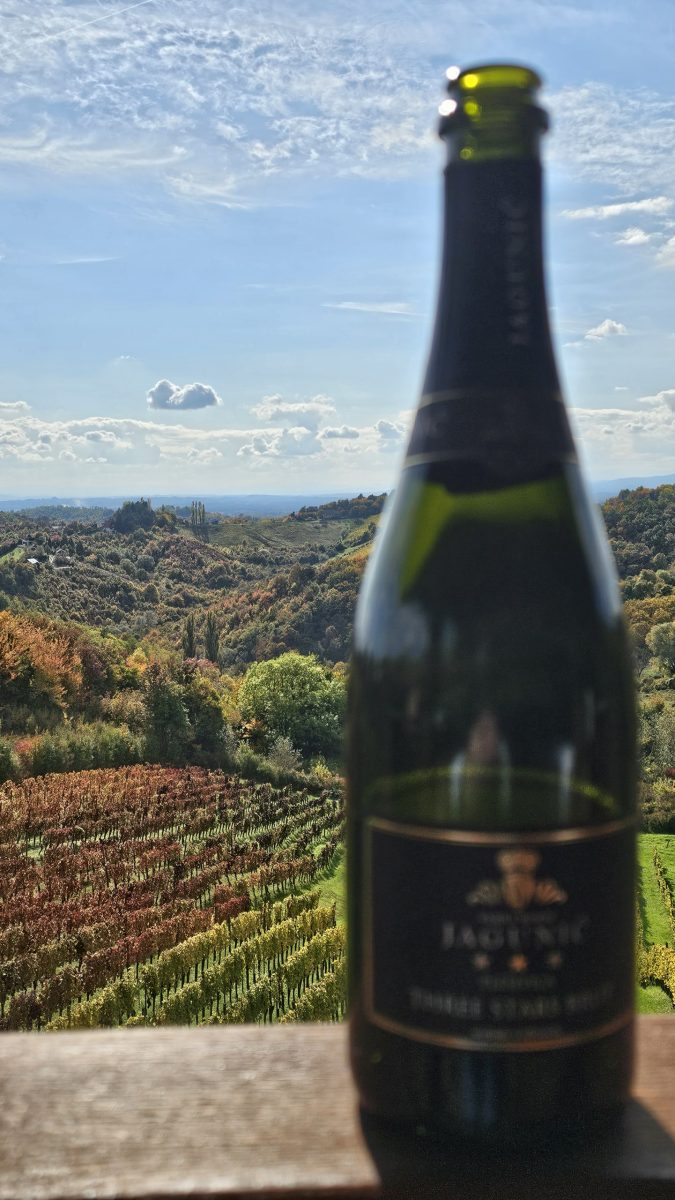 Bottle of Plešivica sparkling wine overlooking autumn vineyards